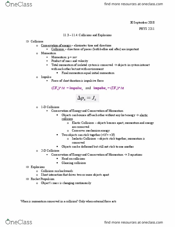 PHYS 2211 Chapter Notes - Chapter 11.3 - 11.4: Elastic Collision thumbnail